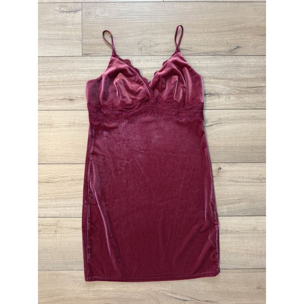 Pink rose Lace Trim Velvet Dress Burgundy Spaghetti Strap Body Con L Large